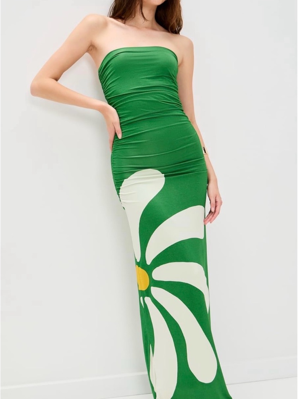 Green Strapless Ruched Maxi Dress with White Graphic Print - Picture 5 of 7